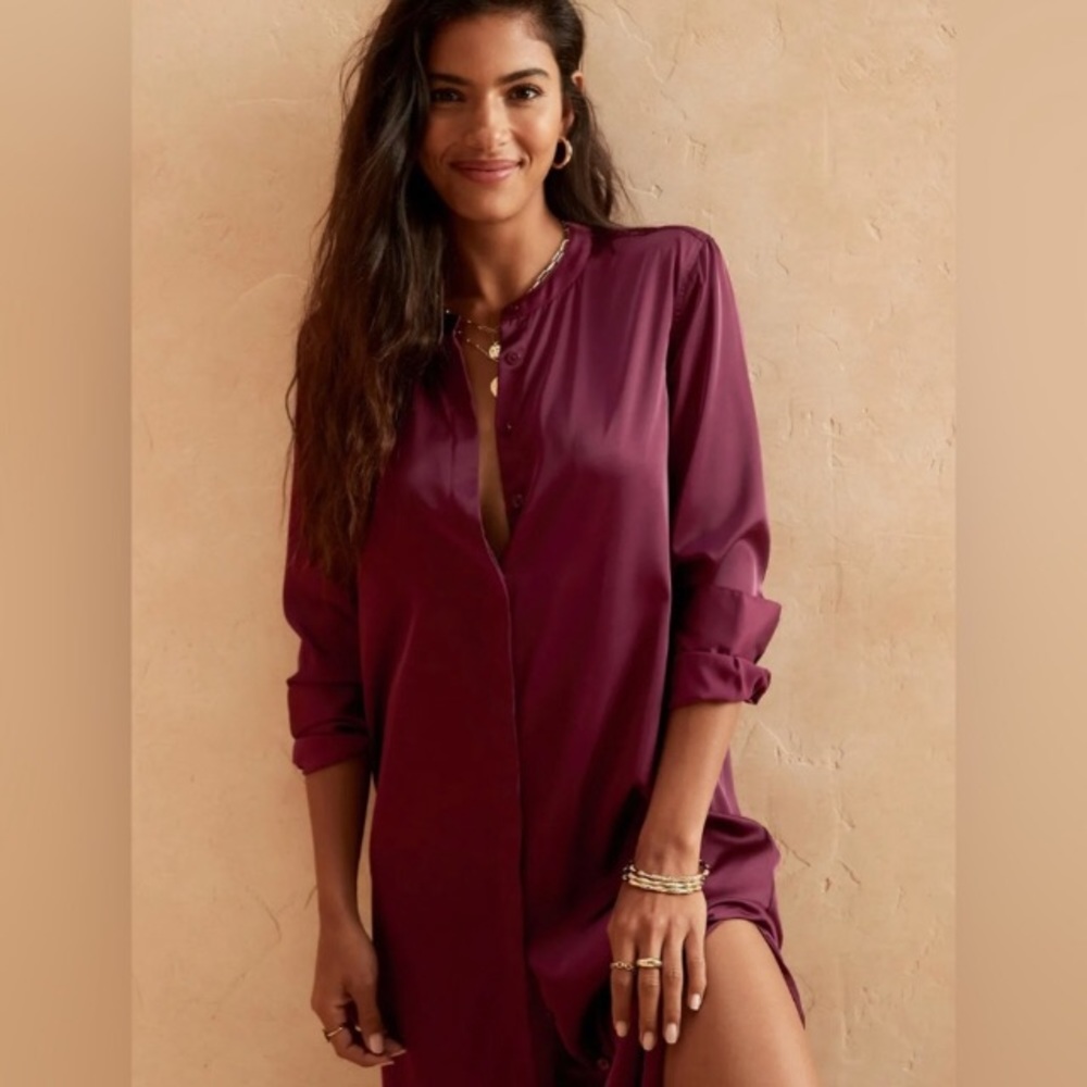 NWT! Black Satin Button-Down Shirtdress - Size Medium Tall - Picture 2 of 5